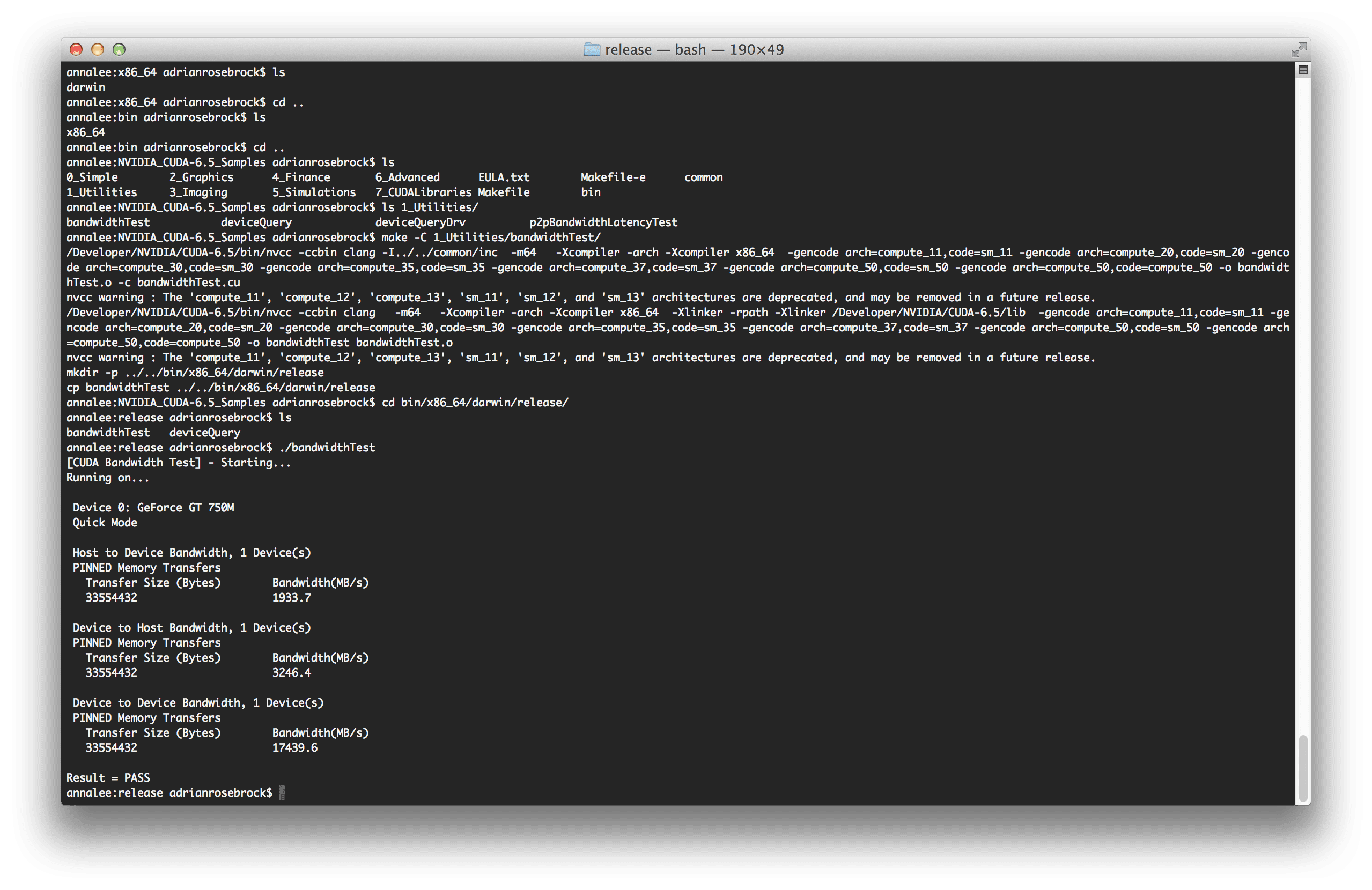 The deviceBandwidth test demonstrates that my GPU is behaving correctly