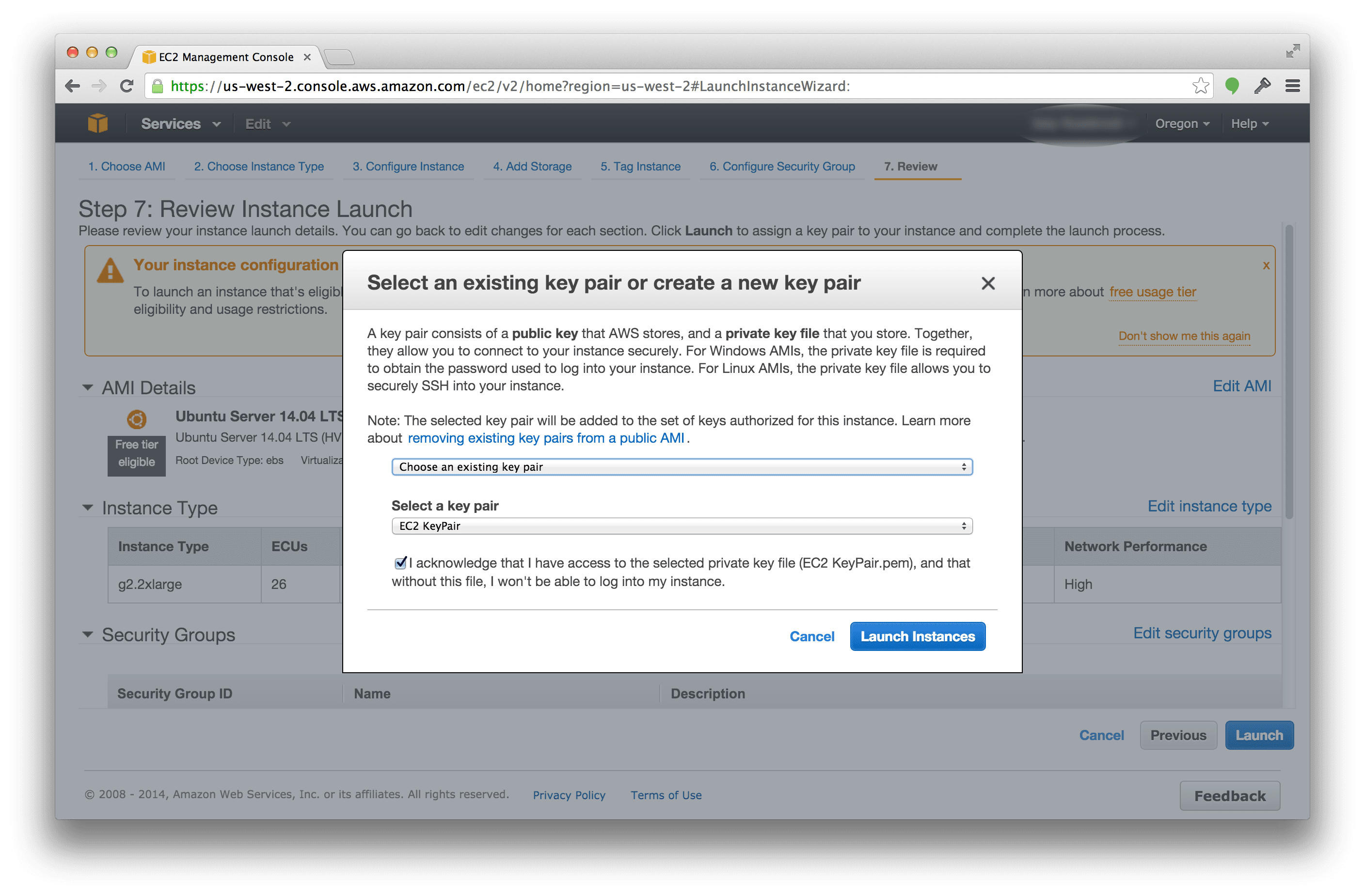 Downloading the g2.2xlarge EC2 Key Pair