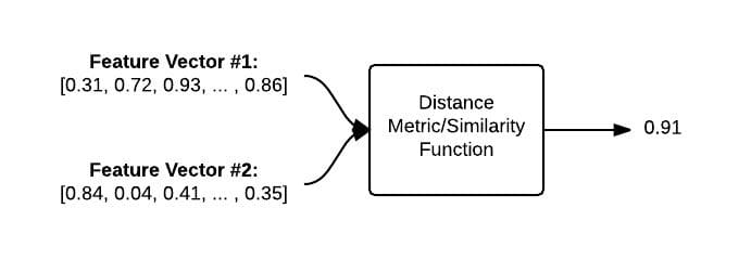 Figure 5: To compare two images, we input the respective feature vectors into a distance metric/similarity function. The output is a value used to represent and quantify how "similar" the two images are to each other..