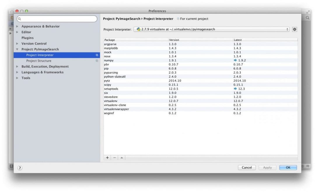 Figure 5: Updating the virtual environment for a project already created with PyCharm.