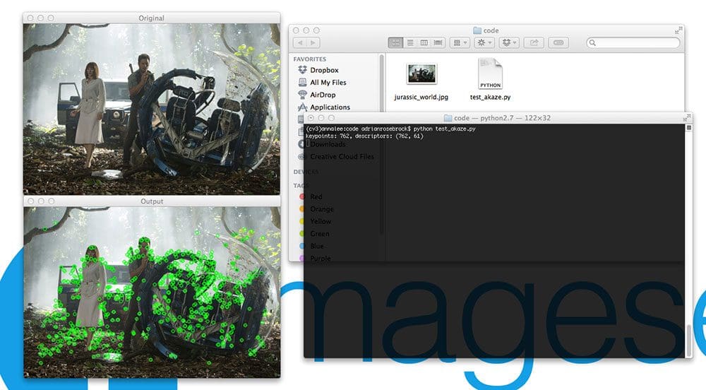 Figure 5: We have successfully been able to detect keypoints, extract AKAZE features, and then draw the keypoints on our image using OpenCV 3.0 and Python 2.7+!
