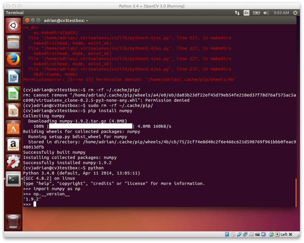 Figure 2: Deleting the .cache/pip directory and re-running pip install numpy will take care of the problem.