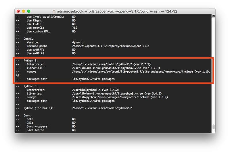 Figure 4: Ensuring that Python 2.7 will be used when compiling OpenCV 3 for Raspbian Jessie on the Raspberry Pi 3.