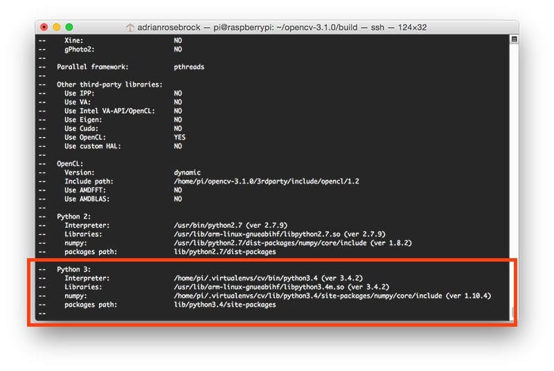 Figure 5: Checking that Python 3 will be used when compiling OpenCV 3 for Raspbian Jessie on the Raspberry Pi 3.