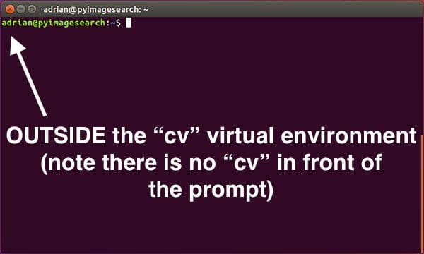 Figure 2: If you do not see the "(cv)" text on your prompt, then you are not in the cv virtual environment and need to run the "workon" command to resolve this issue.